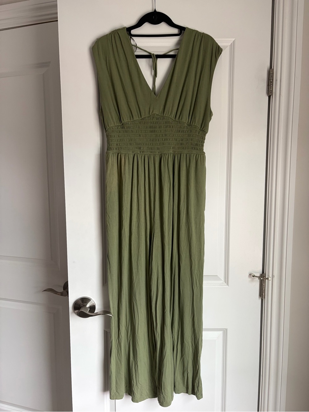 Olive Green V-Neck Smocked Waist Jumpsuit